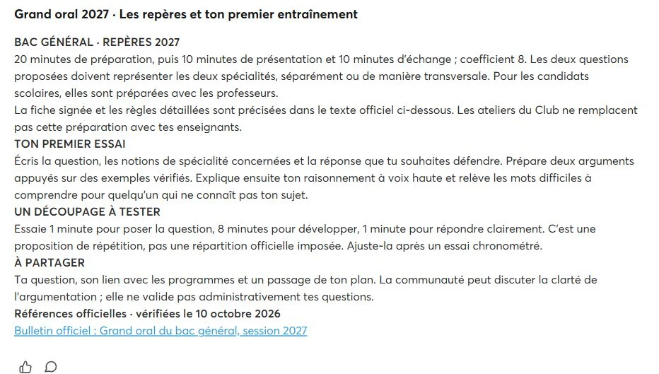 Dans le Club Bac général : les repères du Grand oral 2027, une proposition de répétition et le lien vers le Bulletin officiel.