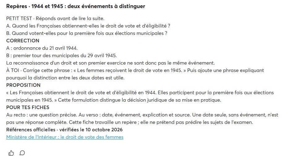 Dans le Club Brevet : un mini-test, une correction expliquée et une source officielle pour distinguer 1944 et 1945.