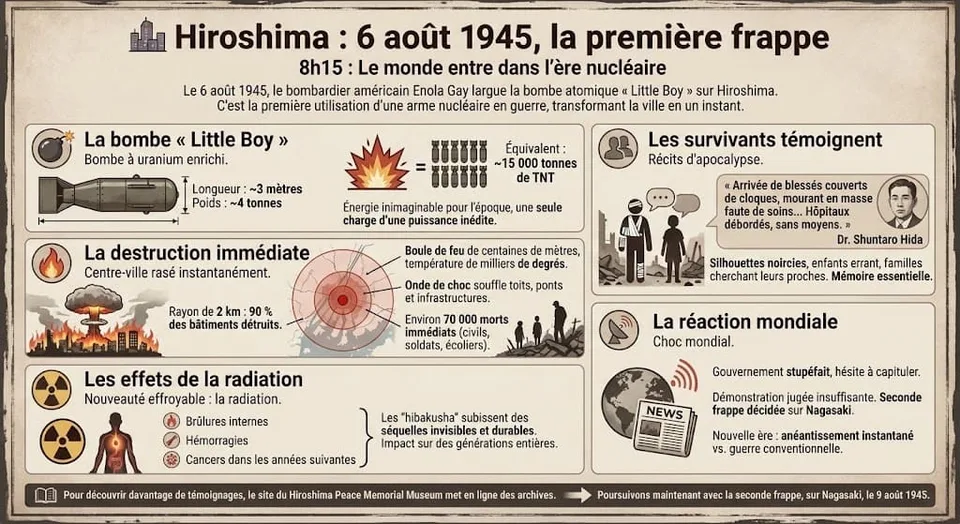 Infographie détaillant le bombardement atomique d'Hiroshima : la bombe Little Boy, la destruction immédiate, les effets de la radiation, les témoignages des survivants et la réaction mondiale