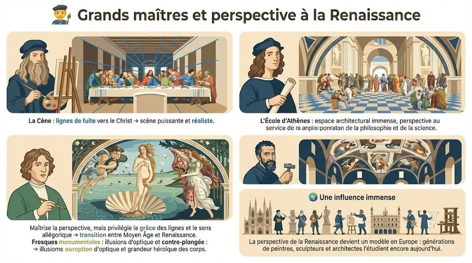 Infographie éducative détaillant l'usage de la perspective chez quatre maîtres de la Renaissance : Léonard de Vinci (La Cène, réalisme), Raphaël (L'École d'Athènes, espace architectural), Botticelli (La Naissance de Vénus, grâce et transition) et Michel-Ange (Chapelle Sixtine, illusions monumentales). Un bandeau final montre l'influence de ces techniques à travers l'Europe.