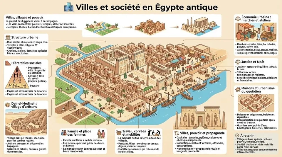 Illustration d'une ville égyptienne antique accompagnée d'une pyramide sociale montrant la hiérarchie stricte, du Pharaon au sommet jusqu'aux paysans et artisans à la base.