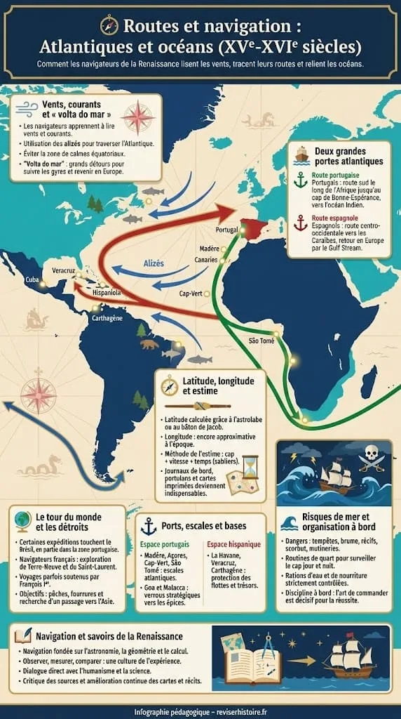 Carte pédagogique illustrant la maßtrise des vents (alizés, volta do mar), les instruments de latitude et les routes portugaises et espagnoles traversant l'Atlantique.