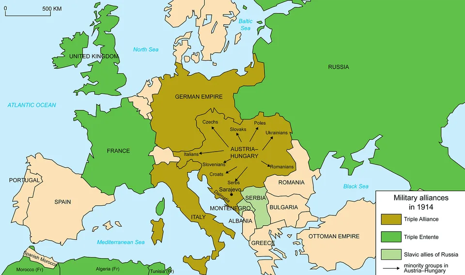Carte des alliances militaires en Europe en 1914 (Triple Entente / Triple Alliance) — contexte de la Première Guerre mondiale.