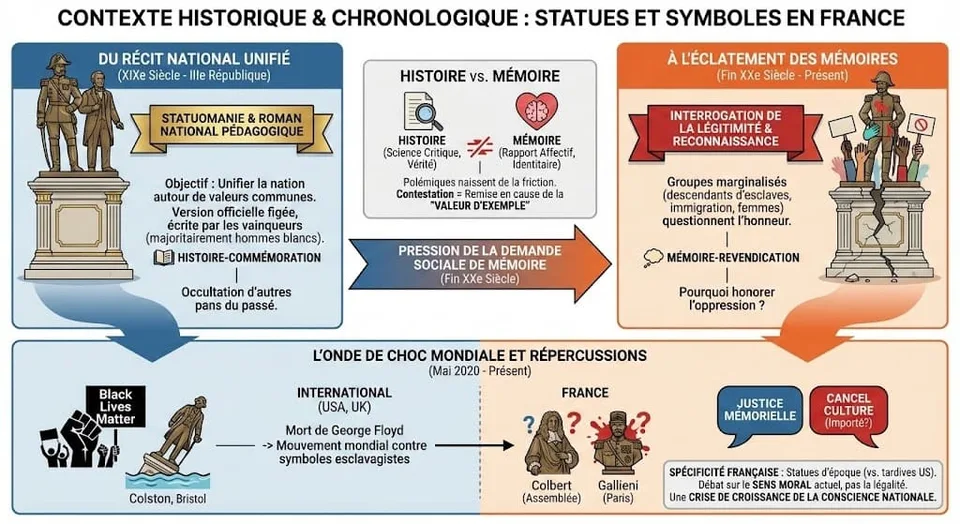 Schéma chronologique illustrant l'évolution des polémiques sur les statues en France : passage du récit national unifié du XIXe siècle à la demande sociale de mémoire, et l'impact de l'onde de choc mondiale (Black Lives Matter) sur les figures comme Colbert ou Gallieni.
