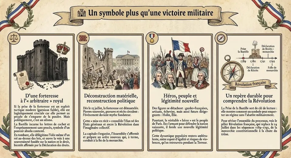 Infographie en quatre panneaux expliquant la symbolique de la Bastille : représentation de l'arbitraire royal, sa déconstruction matérielle et politique, l'émergence du peuple comme nouveau héros légitime, et son rÎle de repÚre clé dans la Révolution française.