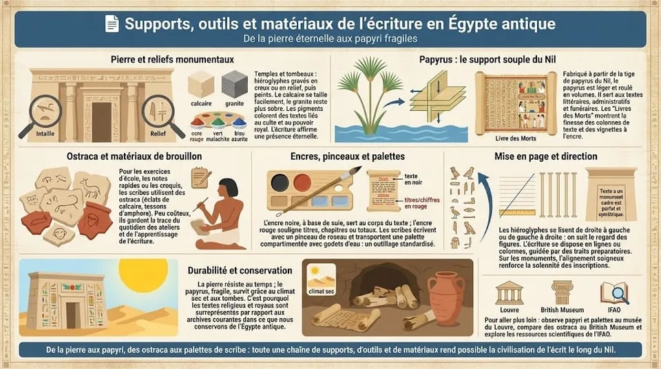 Infographie présentant les principaux supports et outils de l’écriture égyptienne, des reliefs monumentaux en pierre aux papyri, ostraca, encres et palettes de scribes, en expliquant leur fabrication et leurs usages.