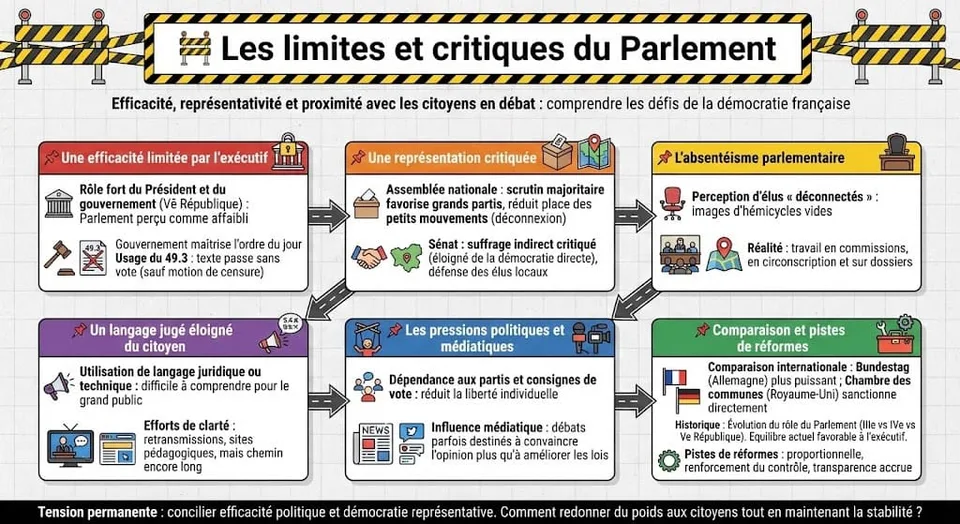 Infographie sous forme de panneaux d'avertissement listant les critiques du Parlement : domination de l'exécutif (49.3), problÚmes de représentativité, absentéisme perçu, langage complexe et pression des partis.