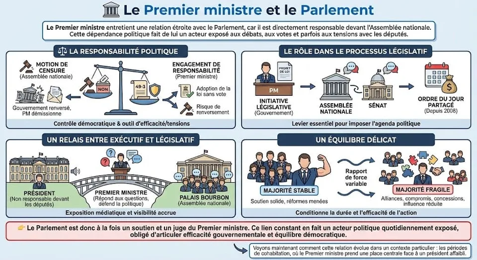 Schéma expliquant les interactions entre le Premier ministre et le Parlement : mécanismes de responsabilité politique (motion de censure, article 49-3), rÎle dans le processus législatif et l'importance de la majorité parlementaire.