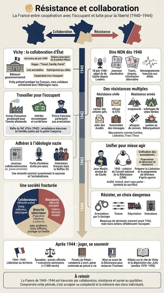 Infographie comparant la collaboration du régime de Vichy et les actions de la Résistance (maquis, Jean Moulin, France Libre).