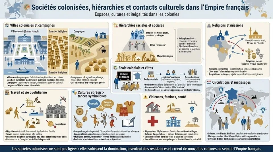 Infographie décrivant les hiérarchies raciales et sociales dans les sociétés colonisées, la séparation entre quartiers européens et indigènes, ainsi que les contacts culturels et religieux dans l’Empire français.
