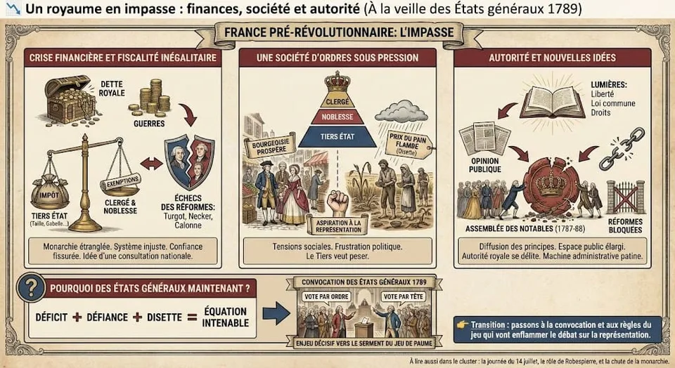 Infographie expliquant les causes de la RĂ©volution française : la crise financiĂšre et la dette royale, la pression sociale sur le Tiers Ătat face aux privilĂšges du clergĂ© et de la noblesse, et l'autoritĂ© contestĂ©e de Louis XVI avant les Ătats gĂ©nĂ©raux de 1789.