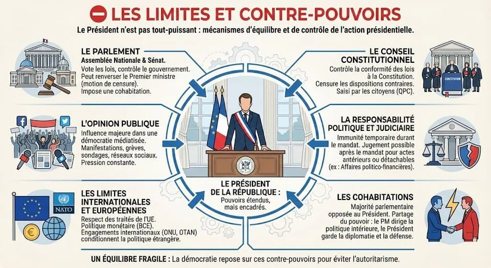 Schéma illustrant les mécanismes qui encadrent l'action du Président français : contrôle du Parlement, Conseil constitutionnel, responsabilité judiciaire, pression de l'opinion publique, contraintes européennes et risque de cohabitation.