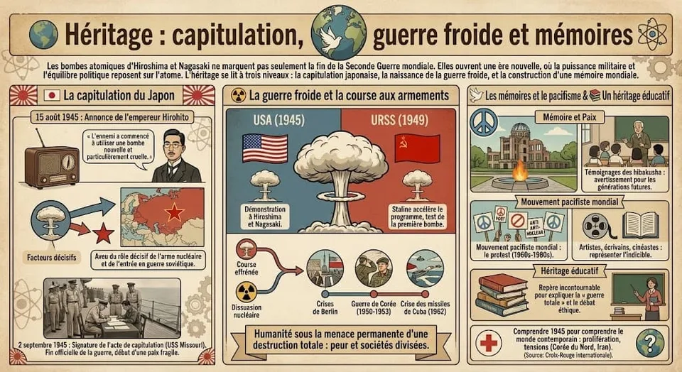 Infographie présentant l'héritage des bombes atomiques : la capitulation du Japon, la naissance de la guerre froide avec la course aux armements, et la construction d'une mémoire mondiale et du pacifisme