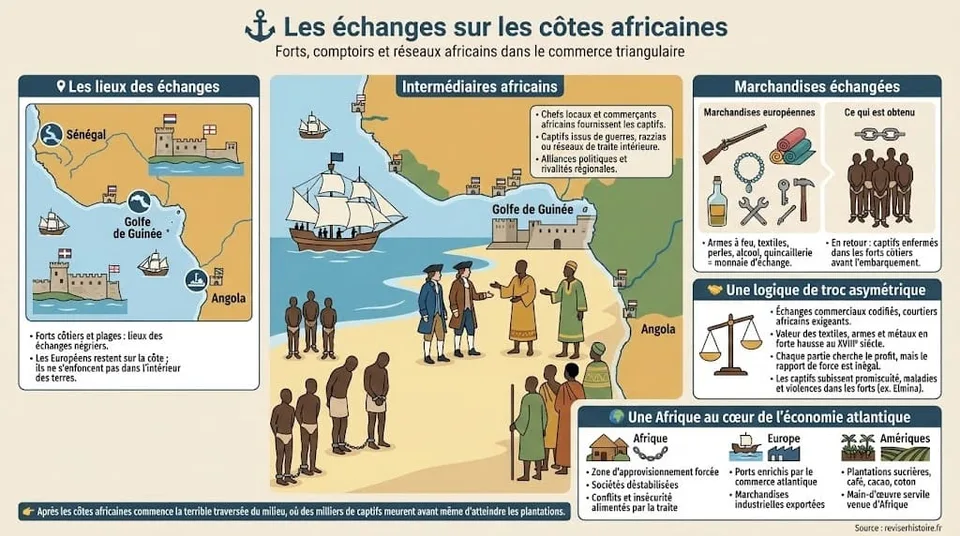 Infographie montrant les forts côtiers, les comptoirs négriers et les échanges de marchandises européennes contre des captifs sur les côtes africaines dans le cadre de la traite atlantique.