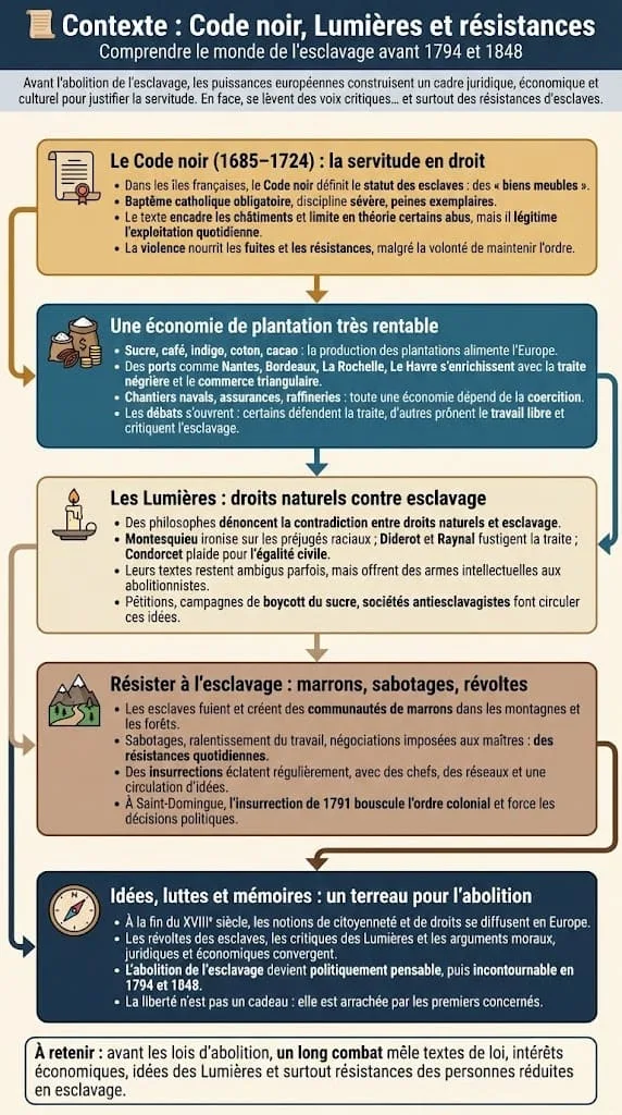 Infographie montrant les consĂ©quences de lâabolition de lâesclavage : indemnitĂ©s versĂ©es aux maĂźtres, travail engagĂ©, limites de la citoyennetĂ©, politiques mĂ©morielles, rĂŽle des musĂ©es et de lâĂ©cole, et luttes contre les formes contemporaines de servitude.