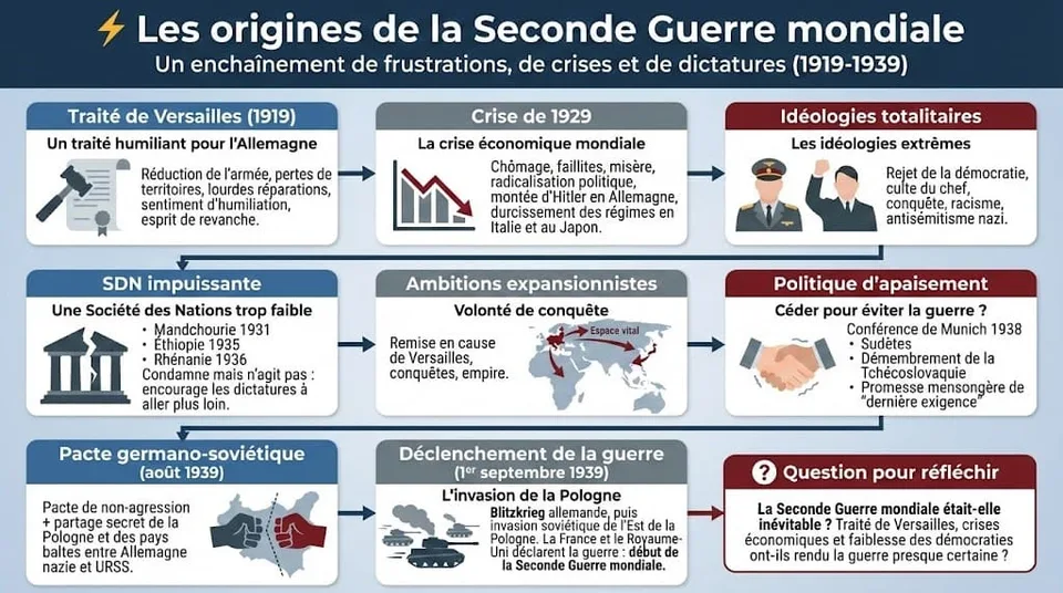 Infographie pédagogique détaillant les causes de la guerre : humiliations du Traité de Versailles, crise de 1929, montée des totalitarismes et échec de la SDN.