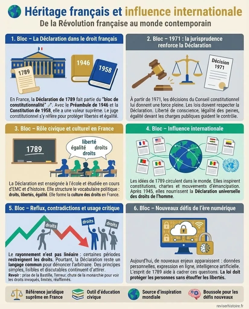 Infographie expliquant comment la DĂ©claration des droits de lâhomme et du citoyen de 1789 est intĂ©grĂ©e au bloc de constitutionnalitĂ© français, inspire la jurisprudence et influence les dĂ©clarations de droits et constitutions dans le monde.