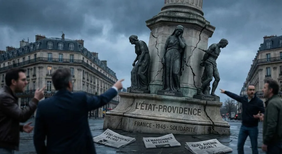 Photographie allégorique sombre montrant un monument de pierre fissuré dans une rue de Paris. Sur le socle est gravé 