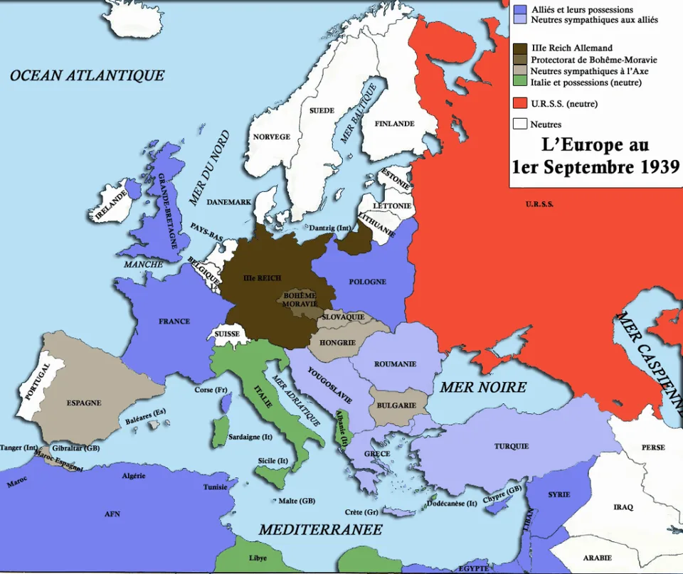 Carte politique de l’Europe en 1939 montrant les blocs en présence au début de la Seconde Guerre mondiale