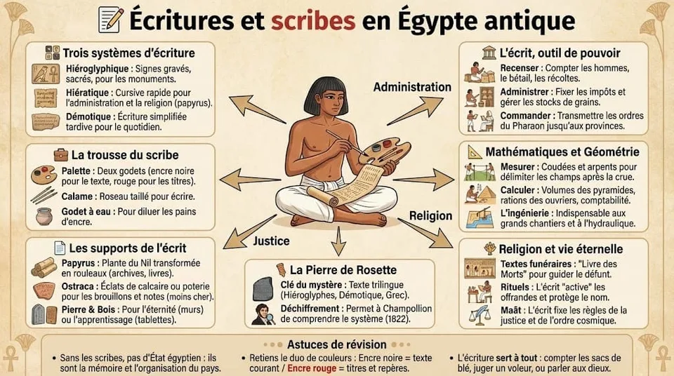 Présentation des différents systÚmes d'écriture égyptiens (hiéroglyphes, hiératique, démotique) et illustration du rÎle central du scribe avec son matériel (palette, calame, papyrus).