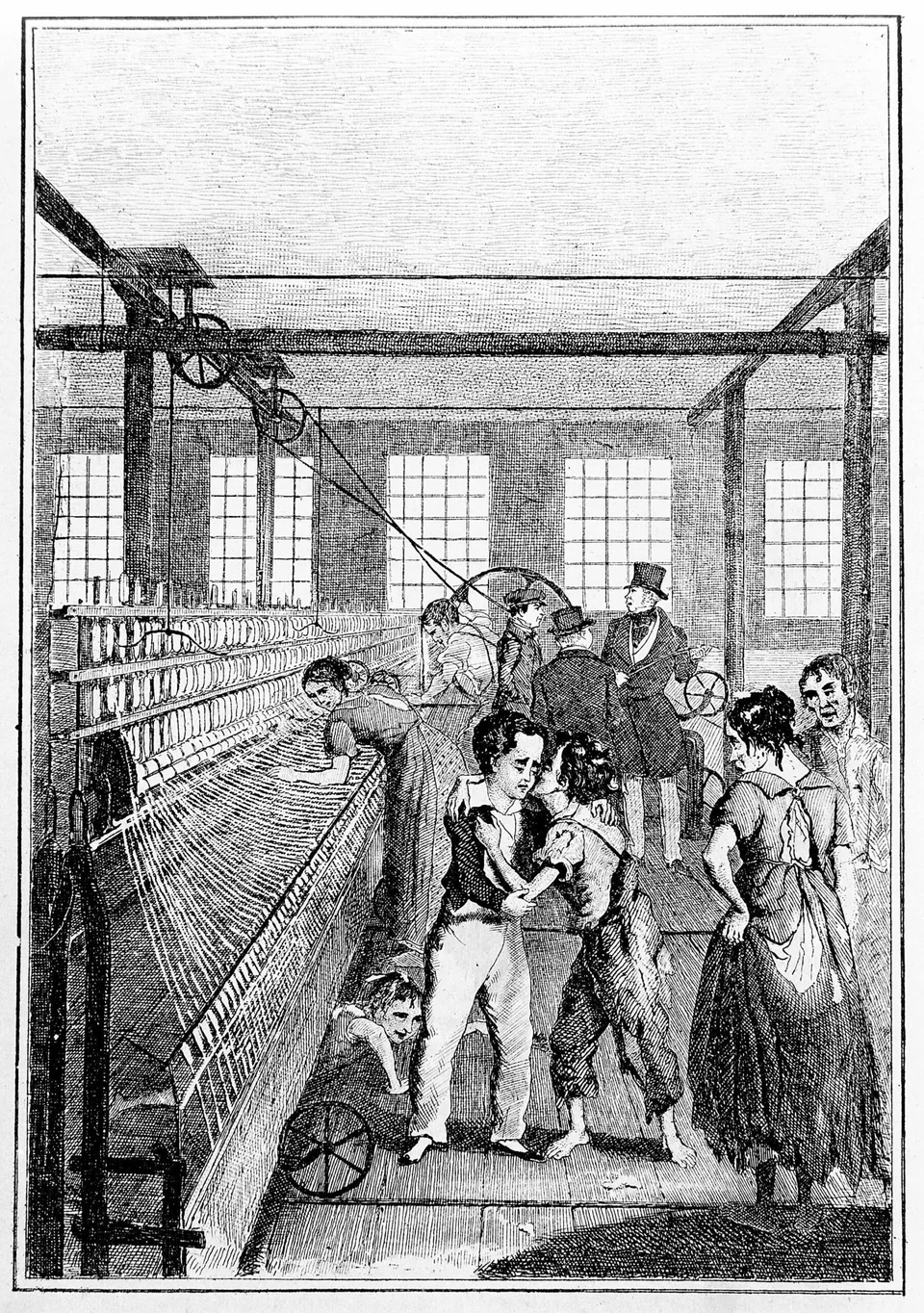 Enfants travaillant dans une usine de coton au XIXᵉ siècle autour de machines textiles