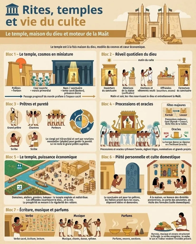 Infographie expliquant lâorganisation des temples Ă©gyptiens, les rites quotidiens rendus aux dieux, le rĂŽle des prĂȘtres, des processions, des oracles et du culte domestique dans la religion Ă©gyptienne antique.