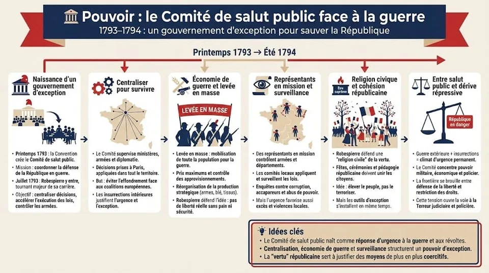 Infographie prĂ©sentant le rĂŽle du ComitĂ© de salut public sous Robespierre entre 1793 et 1794, avec la centralisation des dĂ©cisions, lâĂ©conomie de guerre, la levĂ©e en masse, les reprĂ©sentants en mission et la mise en place dâun gouvernement dâexception pour sauver la RĂ©publique.