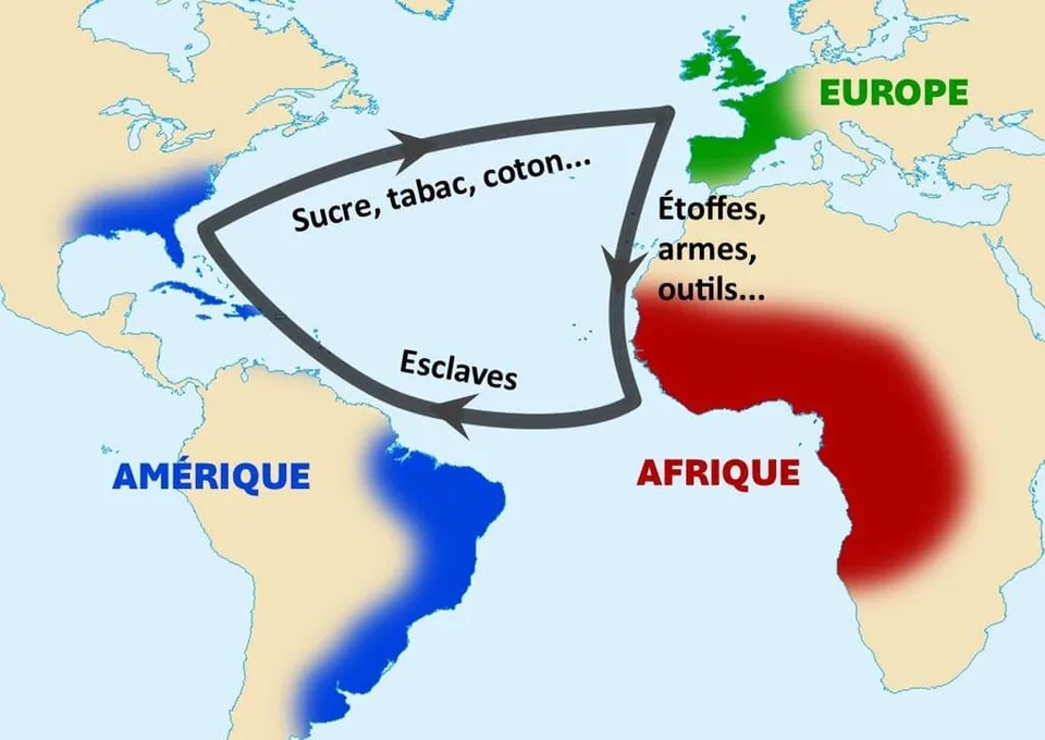 Carte montrant le commerce triangulaire entre l’Europe, l’Afrique et les Amériques