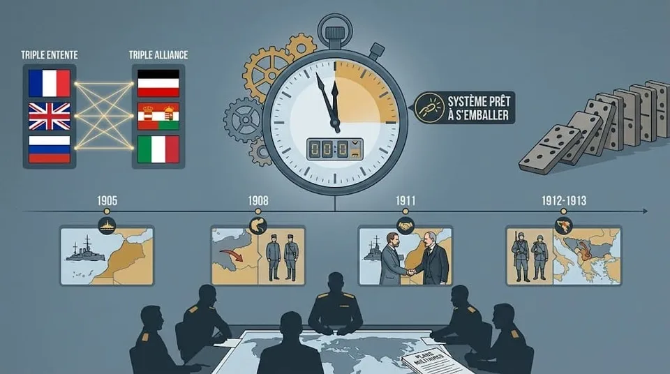 Infographie de bilan montrant une grande horloge dont l'aiguille approche de minuit, symbolisant l'imminence de la guerre. Une frise chronologique illustre les crises de Tanger (1905), de Bosnie (1908), d'Agadir (1911) et les guerres balkaniques (1912-1913), sous le regard d'états-majors préparant leurs plans.