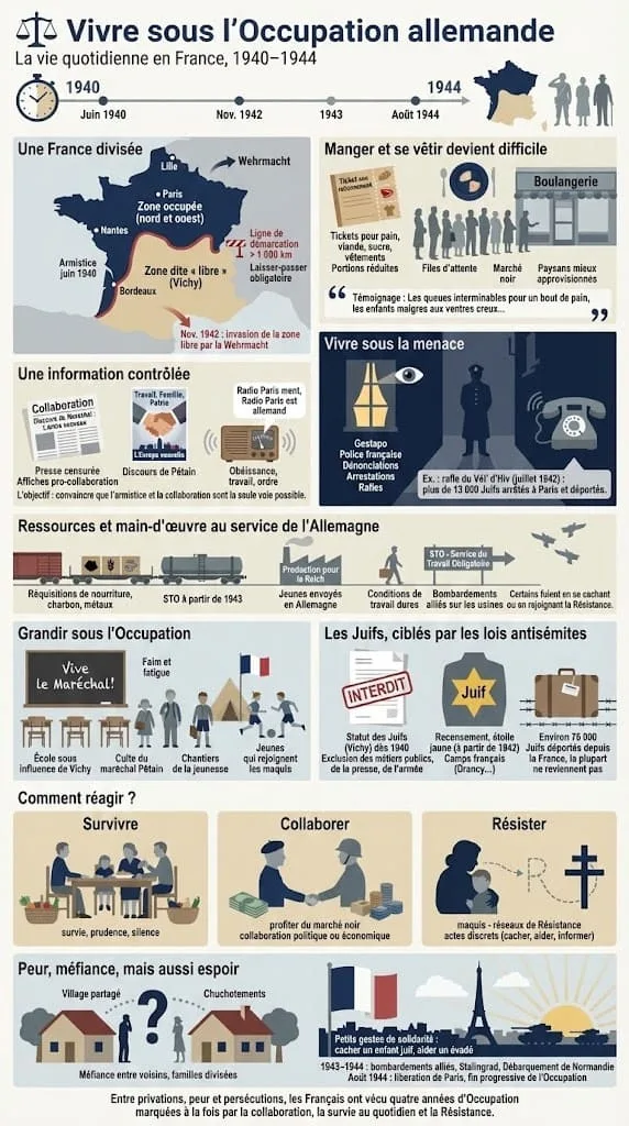 Schéma illustrant la vie en France occupée : pénuries, tickets de rationnement, ligne de démarcation, propagande de Vichy et répression.