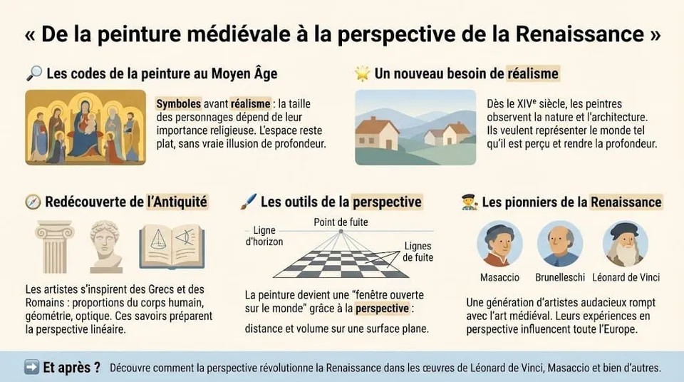 Infographie éducative comparant la peinture médiévale (symbolique, plate) et la perspective de la Renaissance (réalisme, profondeur). Elle détaille en 5 étapes les codes médiévaux, le besoin de réalisme, l'influence de l'Antiquité, les outils techniques (point de fuite, ligne d'horizon) et les artistes pionniers (Masaccio, Brunelleschi, Vinci).
