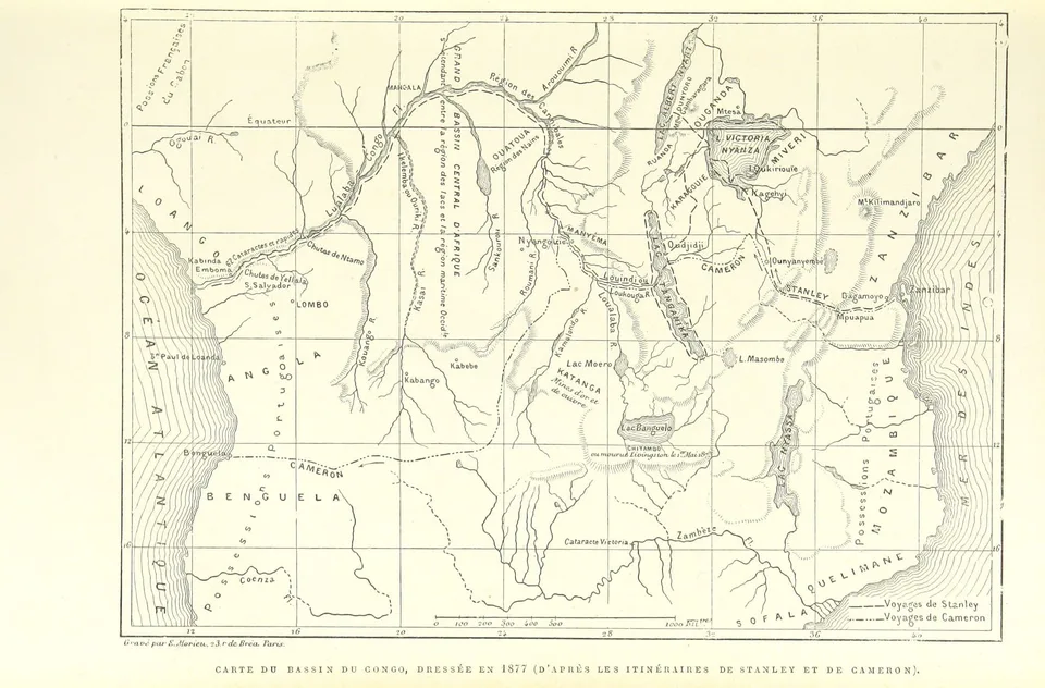 Carte d’itinéraires d’exploration en Afrique centrale extraite de l’ouvrage de 1887 sur les expéditions de Brazza