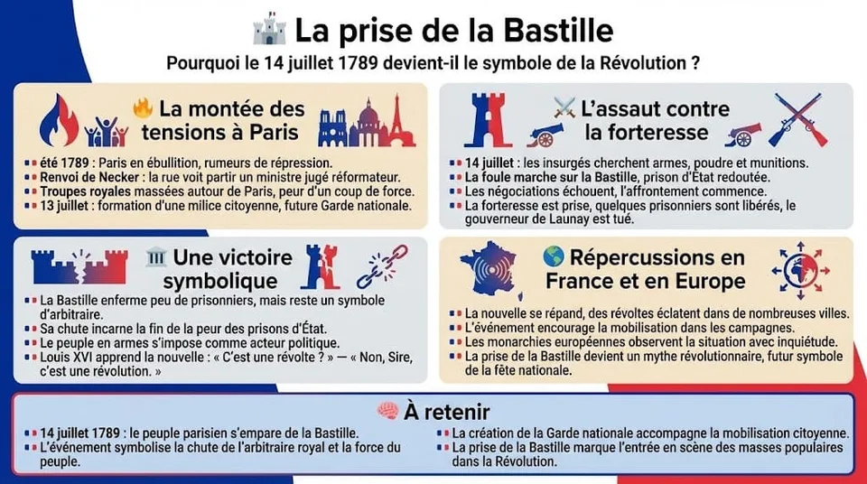 Infographie aux couleurs tricolores expliquant la journée du 14 juillet 1789. Elle détaille la montée des tensions à Paris, l'assaut populaire contre la forteresse pour chercher des armes, et la portée symbolique de cet événement qui marque l'entrée du peuple dans la Révolution.