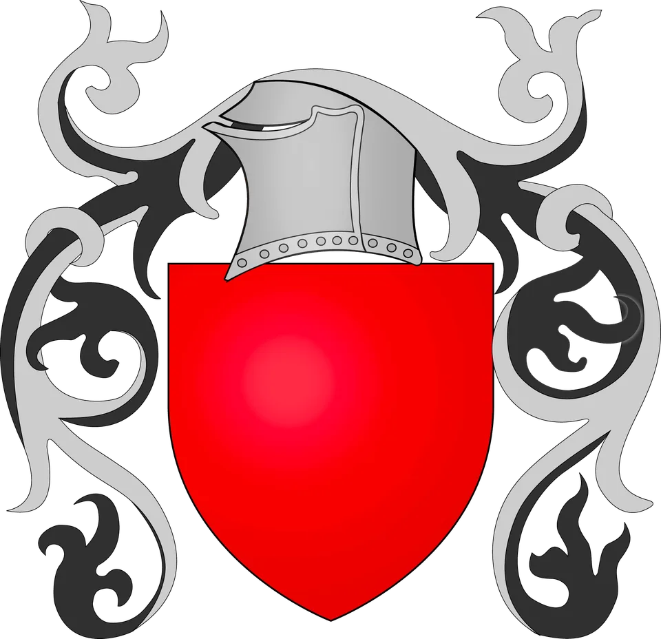 Écu rouge orné d’un heaume et de motifs médiévaux