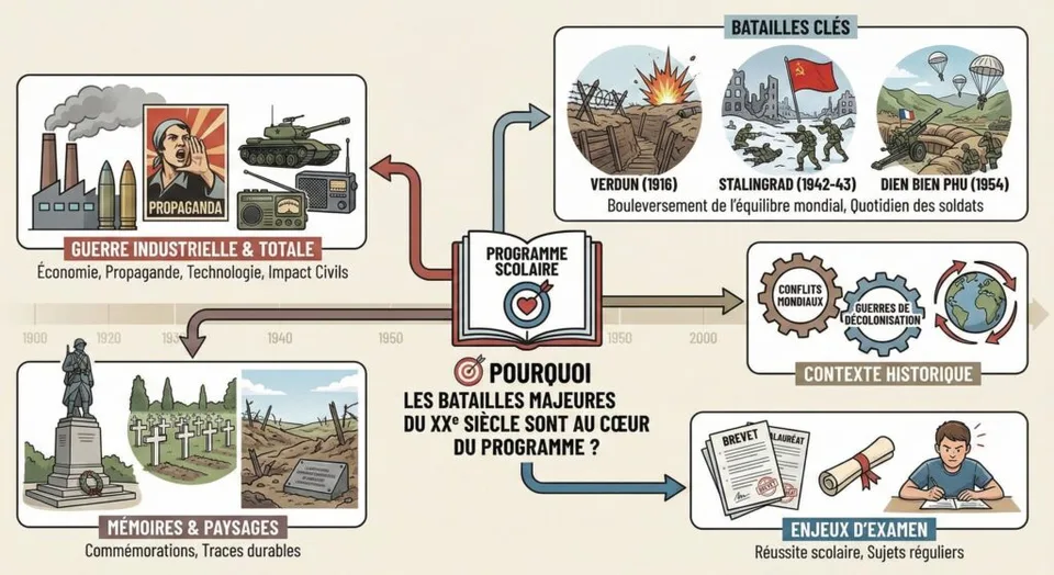 Infographie explicative détaillant les raisons pour lesquelles les batailles majeures du XXe siècle (Verdun, Stalingrad, Dien Bien Phu) sont centrales dans le programme scolaire français. Elle relie ces batailles aux concepts de guerre industrielle et totale (économie, propagande, technologie), à la mémoire et aux paysages (commémorations, cimetières), au contexte historique (conflits mondiaux, guerres de décolonisation), et aux enjeux de réussite aux examens du Brevet et du Baccalauréat.