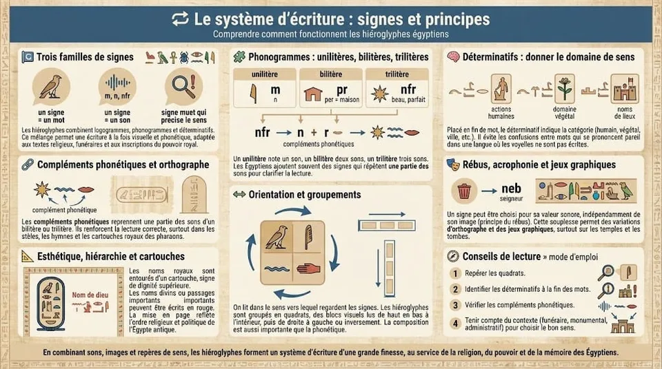 Infographie expliquant le fonctionnement des hiéroglyphes égyptiens, avec les logogrammes, phonogrammes, déterminatifs, compléments phonétiques, orientation des signes et groupements en quadrats.