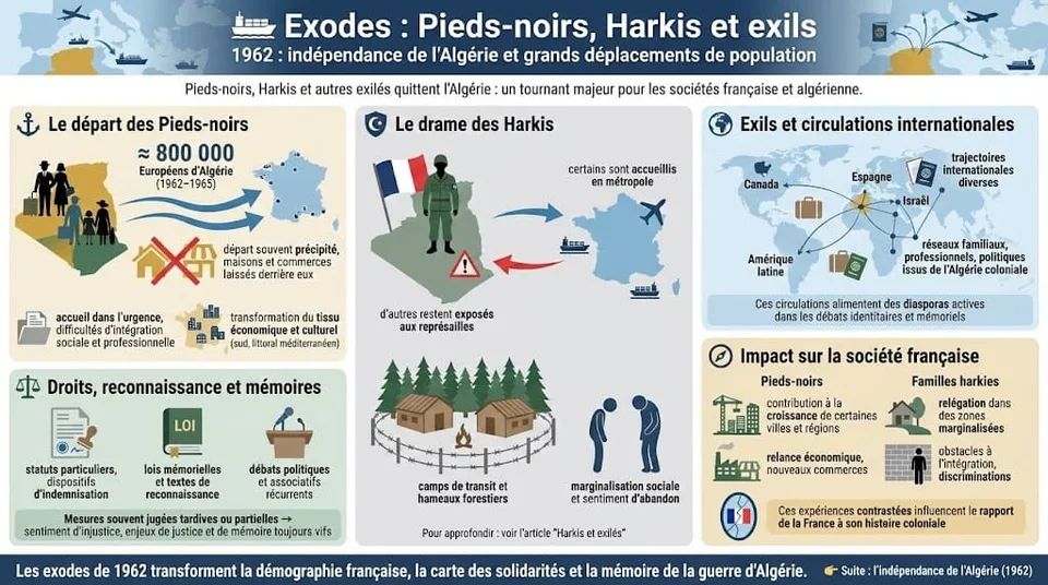 Infographie montrant le dĂ©part massif des Pieds-noirs, le sort des Harkis, les camps de transit, les migrations internationales et lâimpact sur la sociĂ©tĂ© française.