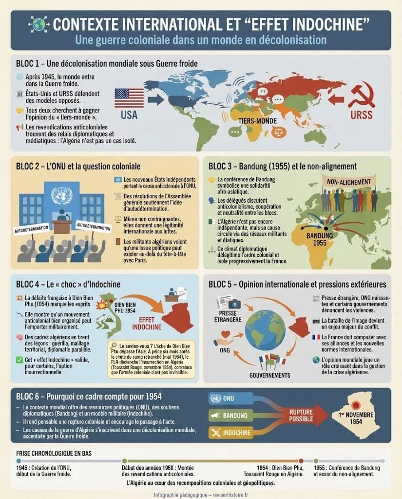 Infographie expliquant le contexte international de la dĂ©colonisation sous Guerre froide, le rĂŽle de lâONU, de Bandung et de la dĂ©faite française Ă Dien Bien Phu, ainsi que lâ« effet Indochine » sur la stratĂ©gie du FLN en AlgĂ©rie.