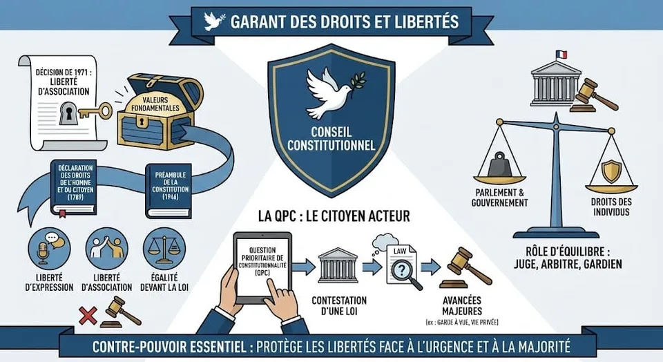 Illustration montrant le Conseil constitutionnel protégeant les libertés fondamentales (expression, association) grâce au bloc de constitutionnalité et à l'outil de la QPC pour les citoyens.