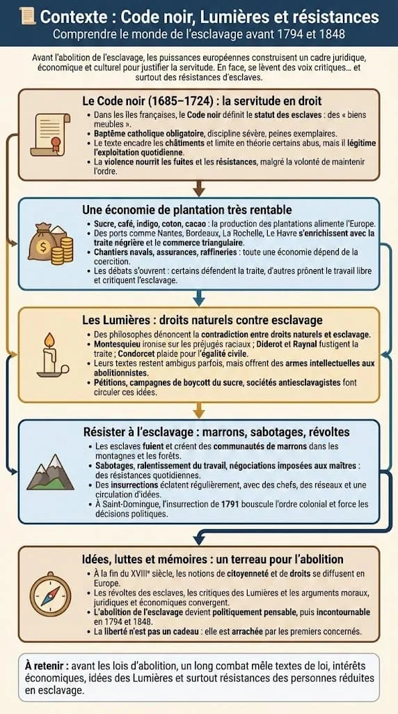 Infographie synthĂ©tique prĂ©sentant le cadre juridique, Ă©conomique et intellectuel de lâesclavage dans lâAtlantique français, avec le Code noir, lâĂ©conomie de plantation, les critiques des LumiĂšres et les rĂ©sistances des personnes rĂ©duites en esclavage.