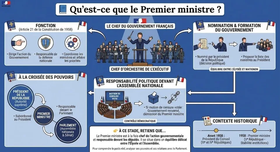 Infographie explicative sur le rÎle du Premier ministre en France : chef du gouvernement, coordonnateur de l'exécutif, nommé par le Président et responsable devant l'Assemblée nationale selon la Constitution de 1958.