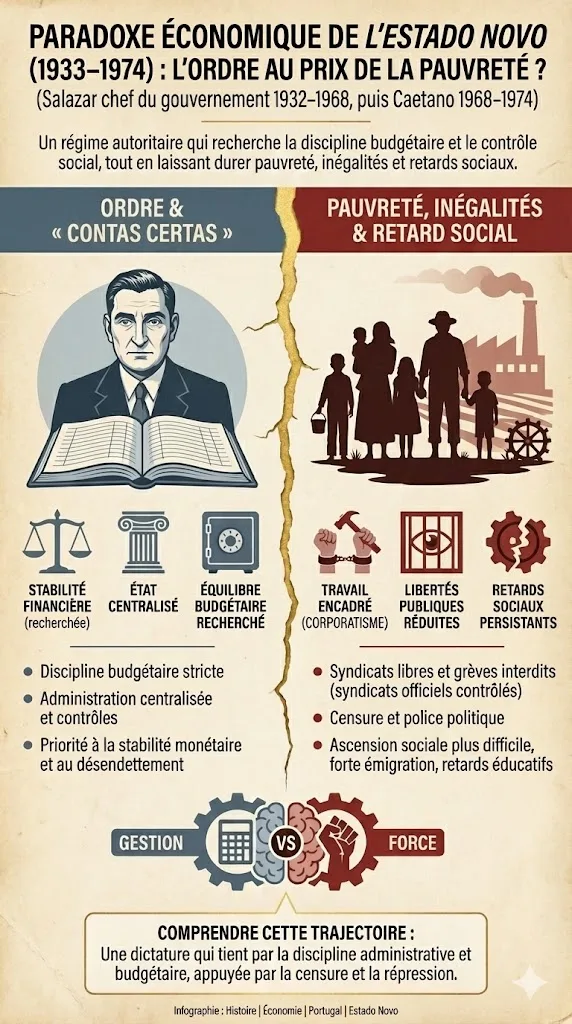 Infographie verticale divisée en deux illustrant le paradoxe de l'économie de l'Estado Novo portugais sous Salazar et Caetano. La partie gauche bleue,