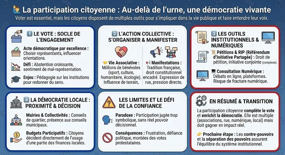 Infographie illustrant les diverses formes d'engagement citoyen en France. Elle montre le vote, mais aussi l'engagement associatif, les manifestations, les pétitions, et la démocratie locale participative.