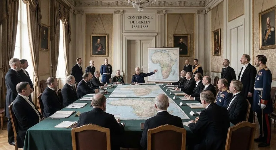 Illustration historique montrant le chancelier Otto von Bismarck et les diplomates des puissances européennes réunis autour d'une grande carte de l'Afrique pour fixer les rÚgles de la colonisation à la fin du XIXe siÚcle