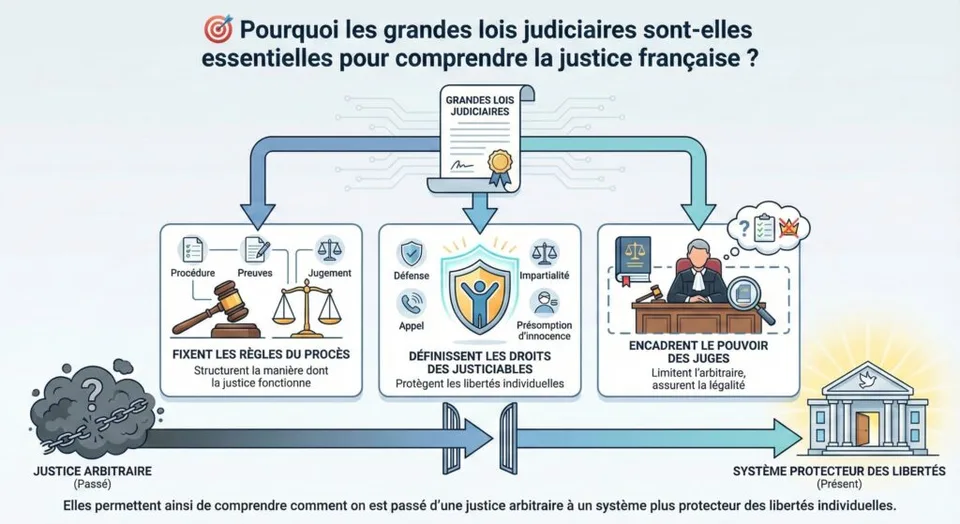 Infographie expliquant le rôle des grandes lois judiciaires en France. Le titre est 'Pourquoi les grandes lois judiciaires sont-elles essentielles pour comprendre la justice française ?'. Un document central 'Grandes lois judiciaires' alimente trois piliers : 'Fixent les règles du procès' (icônes procédure, preuves, jugement), 'Définissent les droits des justiciables' (défense, appel, impartialité, présomption d'innocence), et 'Encadrent le pouvoir des juges' (limitation de l'arbitraire). Une flèche montre la transition d'une 'Justice arbitraire (Passé)' avec un nuage sombre et des chaînes brisées, vers un 'Système protecteur des libertés (Présent)' représenté par un palais de justice lumineux. Le texte final résume cette évolution.