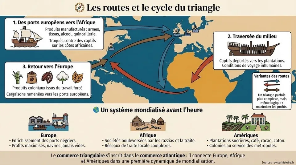 Infographie cartographique illustrant les routes maritimes du commerce triangulaire entre l’Europe, l’Afrique et les Amériques, avec les trois étapes du cycle négrier et les principaux produits échangés.