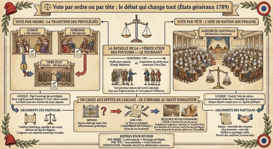 Comparaison visuelle des deux logiques s'affrontant en 1789 : le vote par ordre (tradition favorisant les privilĂ©giĂ©s) contre le vote par tĂȘte (revendication du Tiers Ătat au nom de la nation), menant Ă la bataille de la vĂ©rification des pouvoirs.