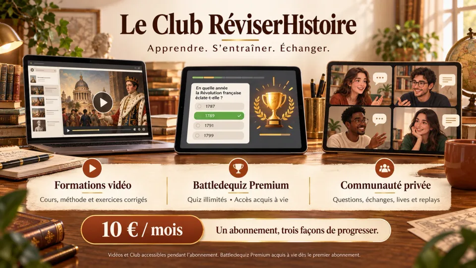 Le Club RéviserHistoire : formations vidéo, Battledequiz Premium illimité et communauté privée avec questions, échanges, lives et replays. 10 euros par mois.