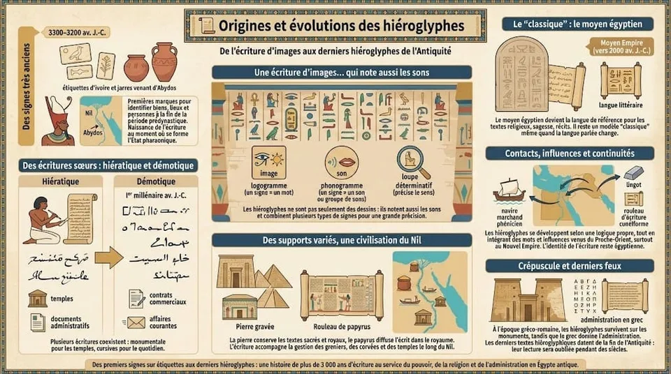 Infographie pédagogique retraçant les origines des premiers signes égyptiens, l’évolution des hiéroglyphes depuis la période prédynastique jusqu’à l’époque gréco-romaine, et leur rôle dans la religion, le pouvoir et la vie quotidienne.