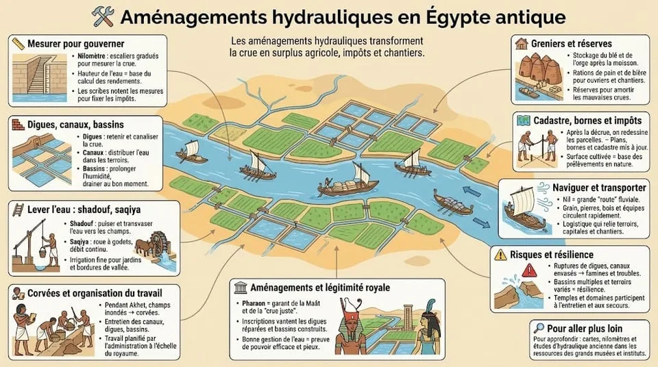 Illustration technique des systĂšmes d'irrigation en Ăgypte antique, montrant le fonctionnement du chadouf, l'utilisation du nilomĂštre, et le rĂ©seau de digues et canaux pour maĂźtriser l'eau.